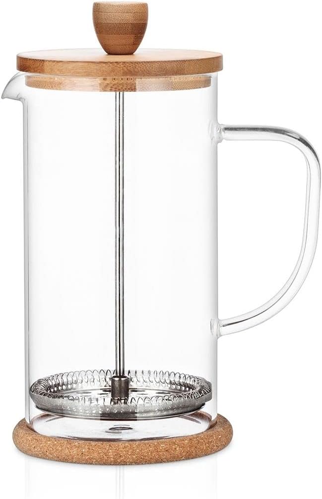 Buntfink French Press 1 Liter Glas – Kaffeebereiter mit Edelstahl-Filter &amp; Bambus-Deckel – mit je 2