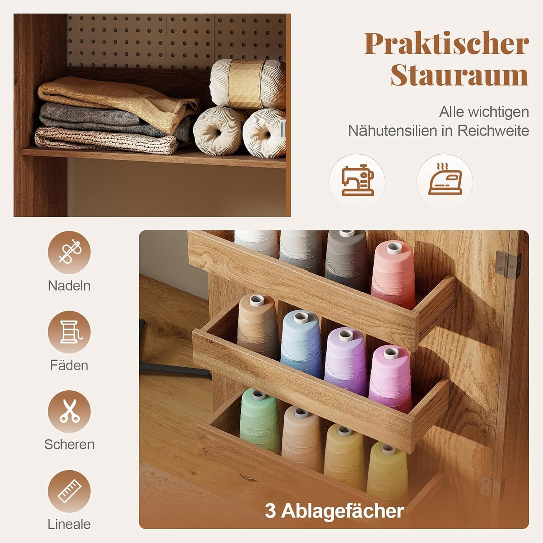 COSTWAY 2 in 1 Nähtisch klappbar mit Ladestation, Nähmaschinenschrank aus Holz mit Regalen, Nähschra