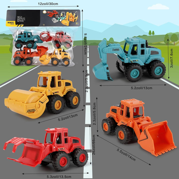 4 Stück Bagger Spielzeug, Push and Go Baufahrzeuge Spielzeug, Minibagger Spielzeugauto Auto Spielzeu