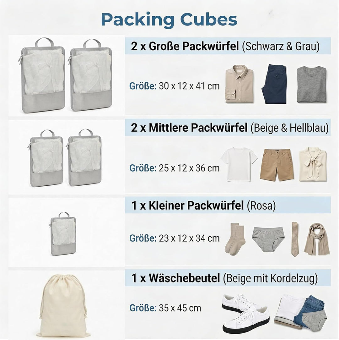 Koffer Organizer, 6er Set Packing Cubes Kompression Grau mit Langgriff, Premium Packwürfel für Reise