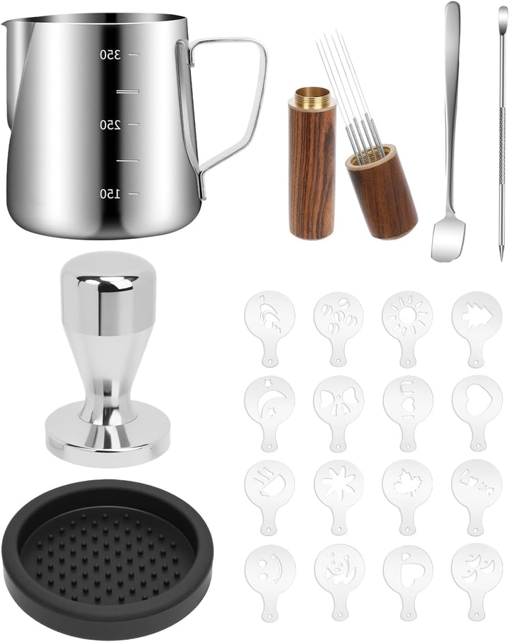 Haliya Espresso Tamper Set 51 mm, 350ml Milchkännchen mit Skala, Latte Art Stift & Löffel, Holz Dist