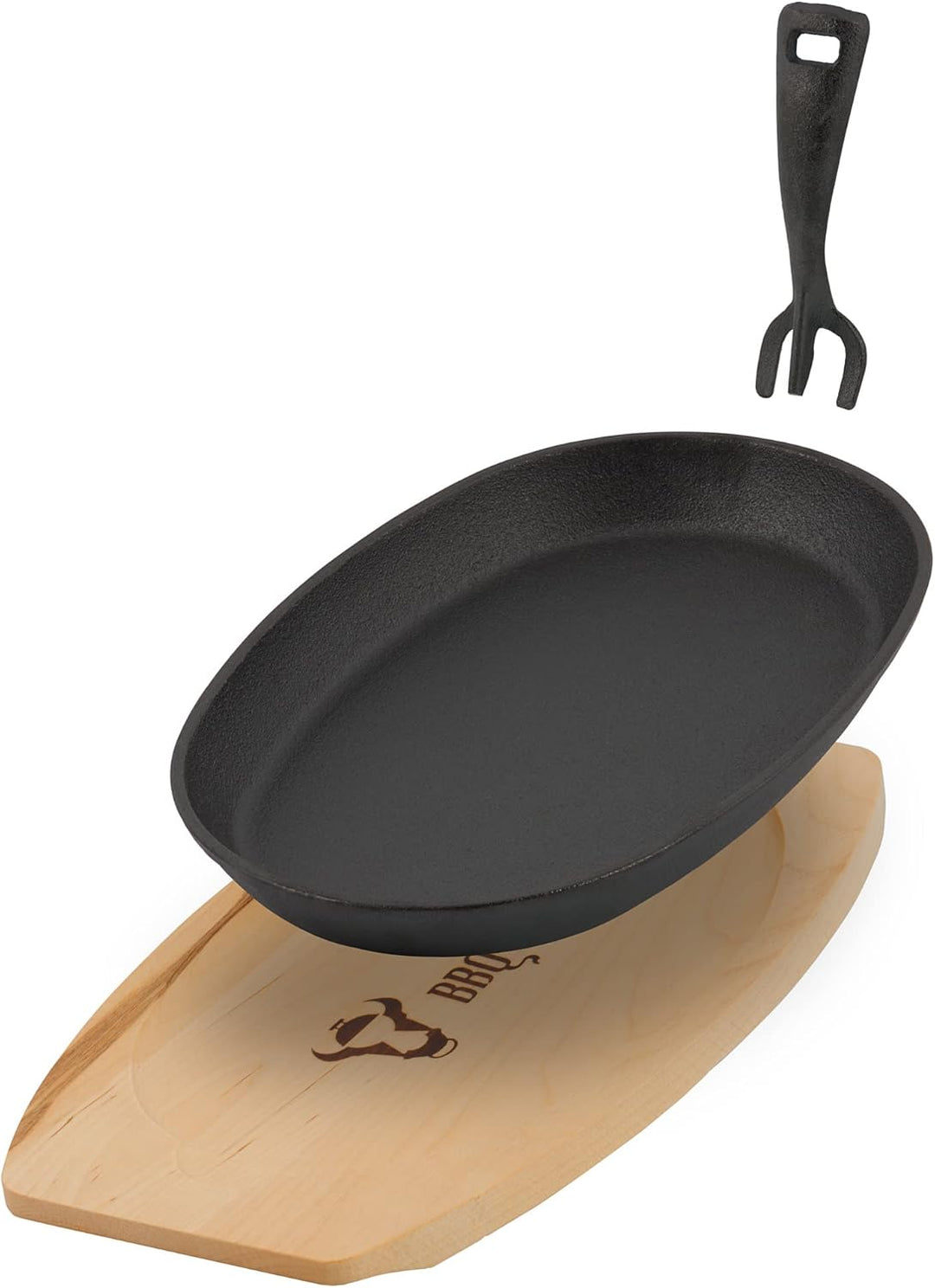 BBQ-Toro Gusseisen Servierpfännchen mit Holzunterlage (6 Stück) | 27 x 18 x 3 cm - oval | bereits ei