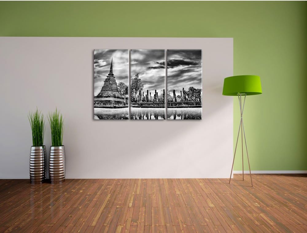 Pixxprint Buddha Tempel im Sonnenuntergang/Format: 3-Teiler (120x80cm) cm/Leinwandbild fertig bespan