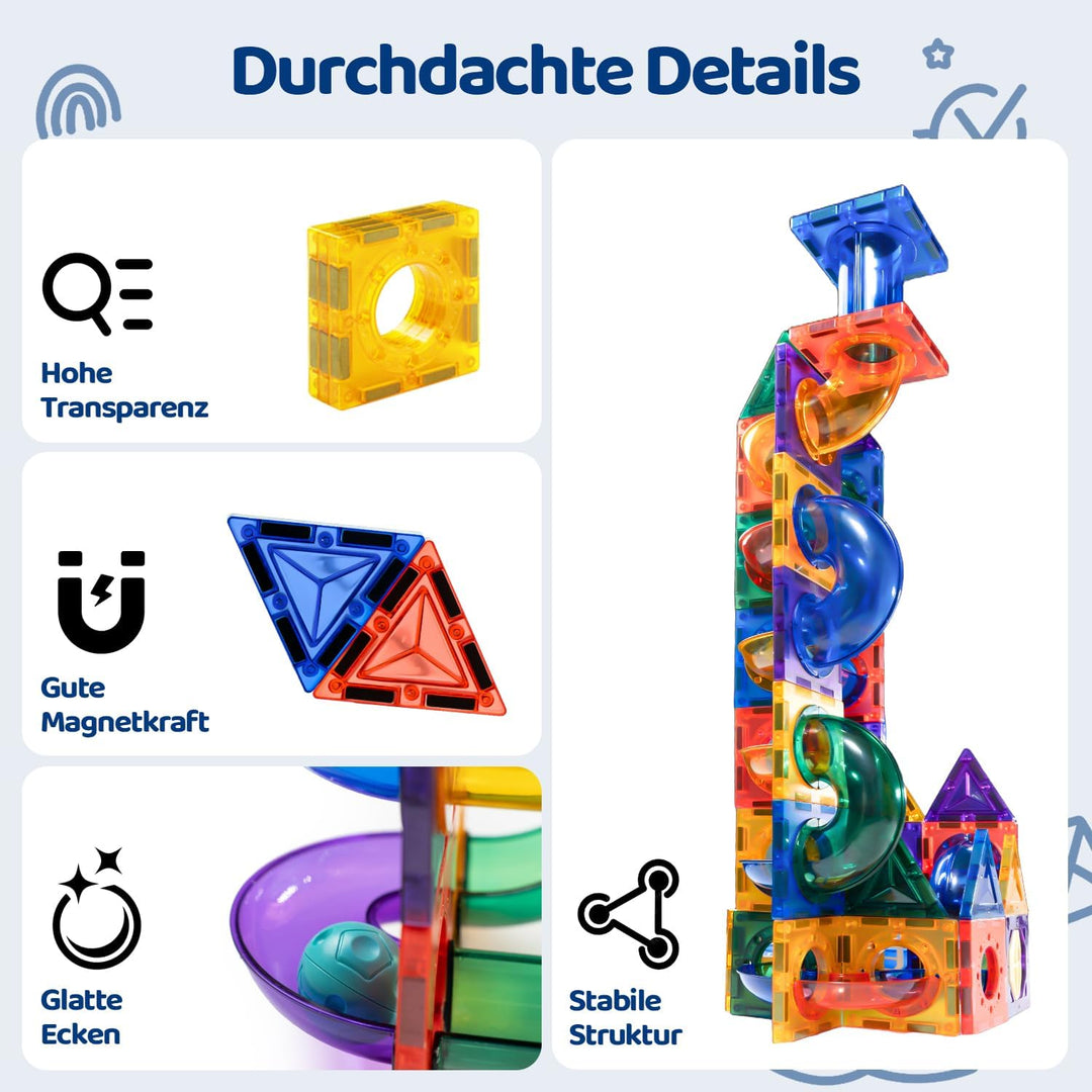 Magnetbausteine Kugelbahn in Regenbogenfarben mit 116 Teilen, Kleine 6cm Grösse, Lernspielzeug für K