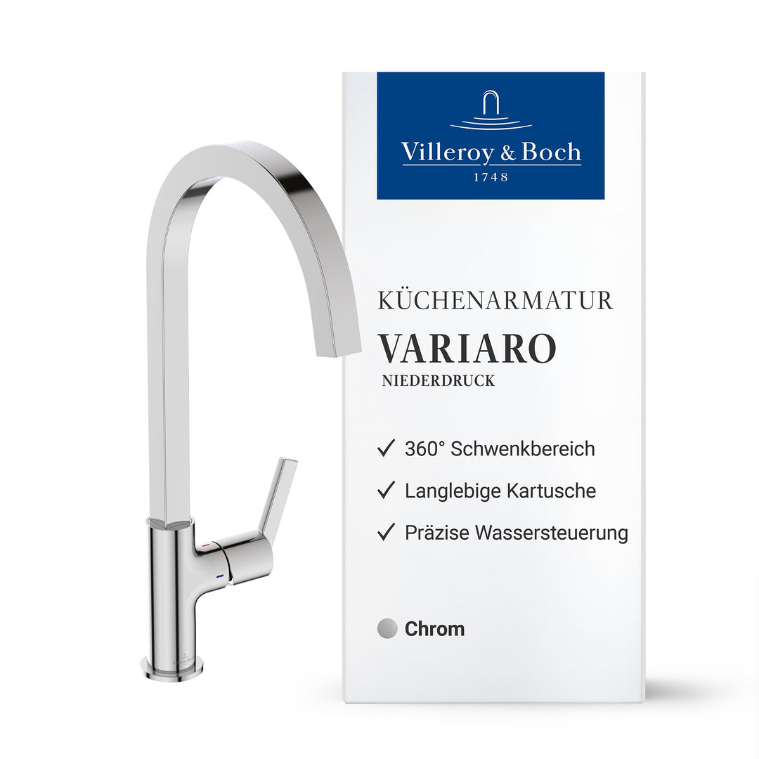 Villeroy & Boch Variaro Küchenarmatur, Niederdruck Armatur Küche, 306 mm Auslaufhöhe, 360° schwenkba