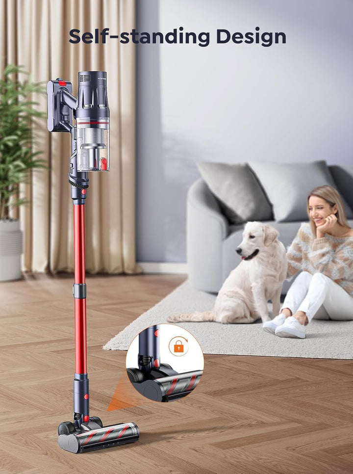 Akku Staubsauger Kabellos 600W 50KPa, Akkustaubsauger mit 65 Min Laufzeit, Selbststehender Stabstaub