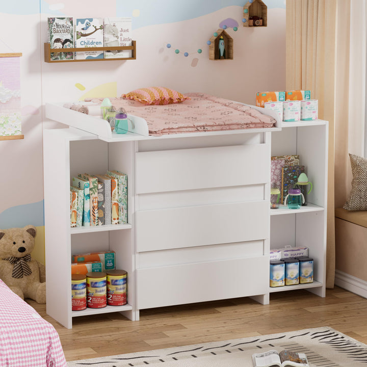 2-in-1 Wickelkommode mit abnehmbarem Wickelaufsatz, Baby Wickeltisch&Kommode mit 3 Schubladen und 6