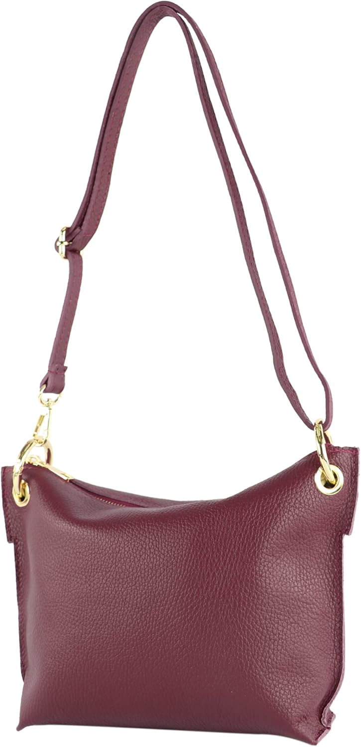 modamoda de - T243 - ital. Umhängetasche Klein Small aus Leder Bordeauxviolett, Bordeauxviolett