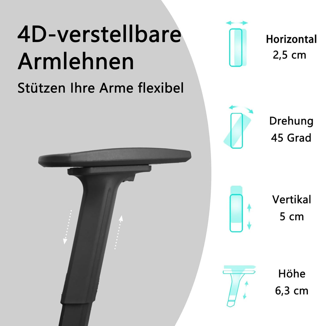 Bürostuhl Ergonomisch mit Fussstütze, 4D verstellbare Armlehnen, bequemer drehbarer Computer-Schreib