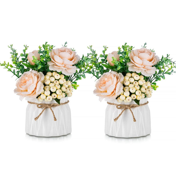 BLOSMON Kunstblumen im Topf Deko: 2 Stück Mini Champagner Künstliche Rosen Künstlich Blumen mit Vase