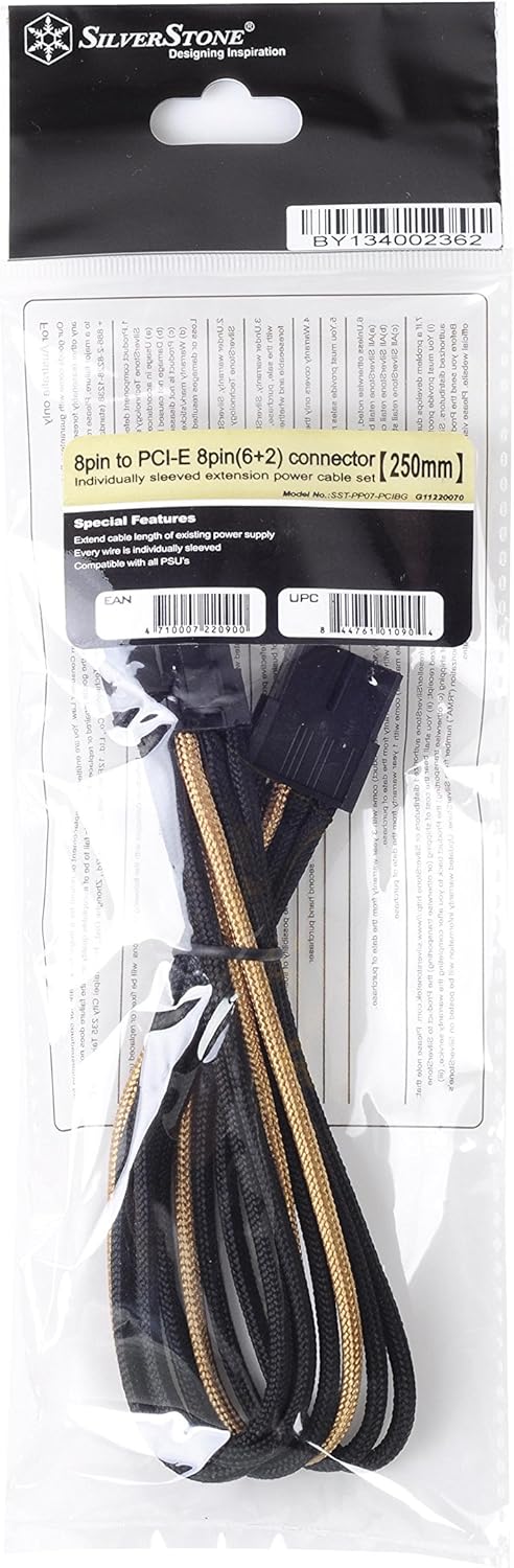 SilverStone SST-PP07-PCIBG - Netzteil-Verlängerungskabel 25cm 8pin auf PCI-E 6+2pin, schwarz/gold SS