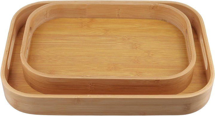 FUNSUEI 3er Set Bambus Serviertablett, Tablett Serviertablett Holz mit Griffen, 2 Grössen Rechteckig