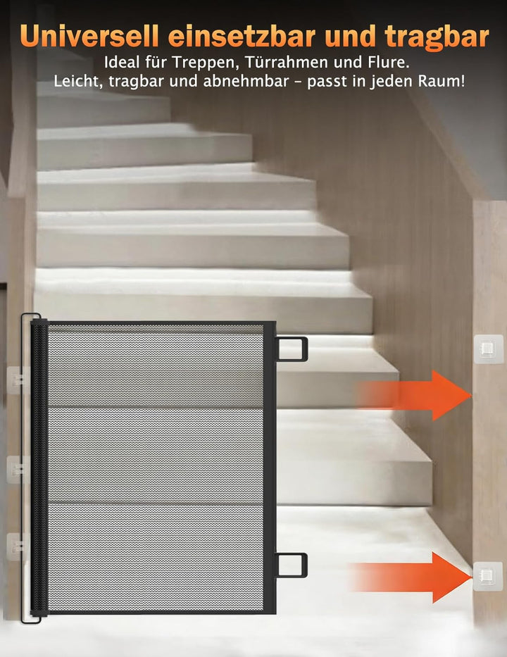 Treppenschutzgitter Ausziehbares, 78 cm Hoch (110cm Schwarz) | Automatische Aufrollfunktion, Strapaz