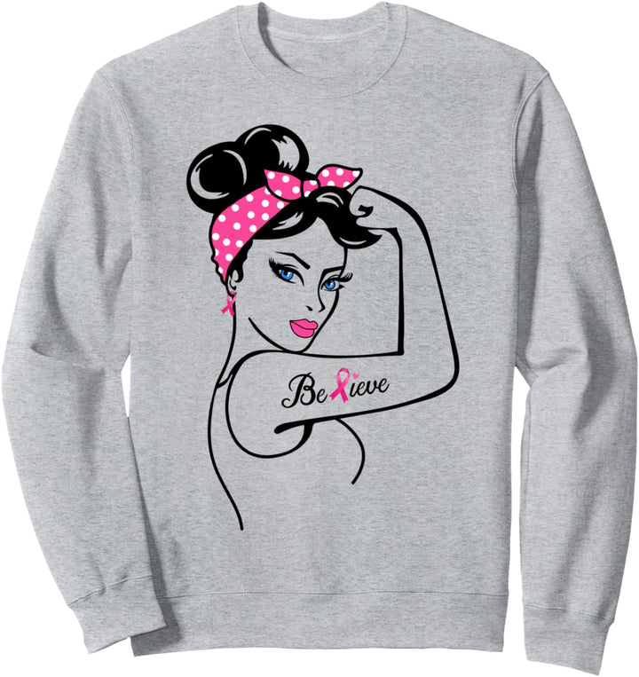 Breast Cancer Warrior Awareness Support Believe Pink Ribbon Sweatshirt