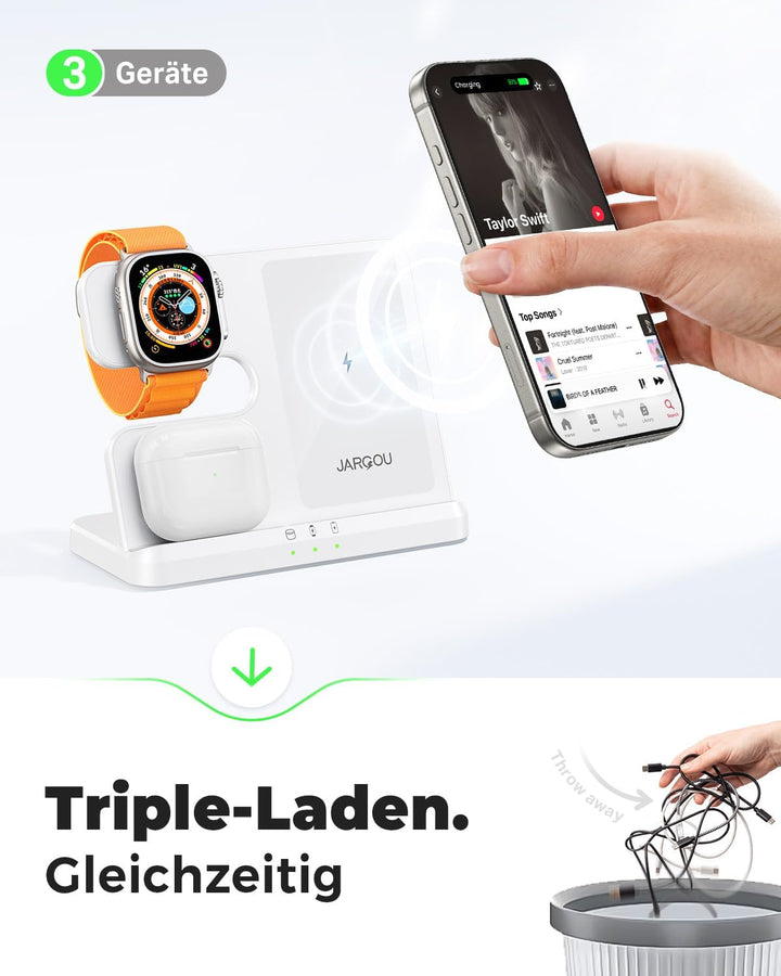 JARGOU 3 in 1 Kabelloses Ladegerät, Induktive Ladestation für Apple Watch und iPhone, Wireless Charg