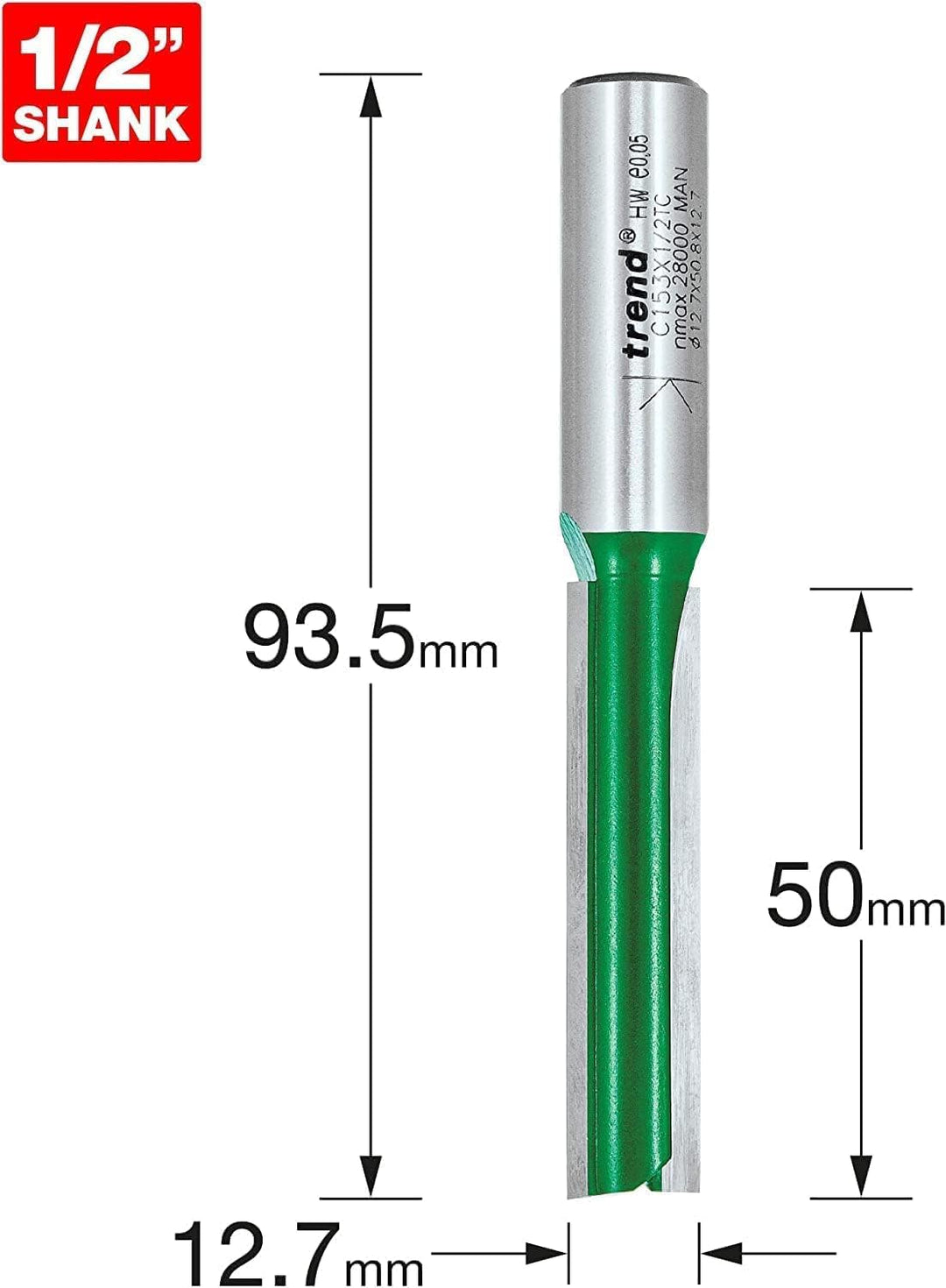Trend CraftPro Zweischneidiger Spiralnutfräser, 1/2 Zoll Schaft, 12,7 mm Schnittdurchmesser, 50 mm S