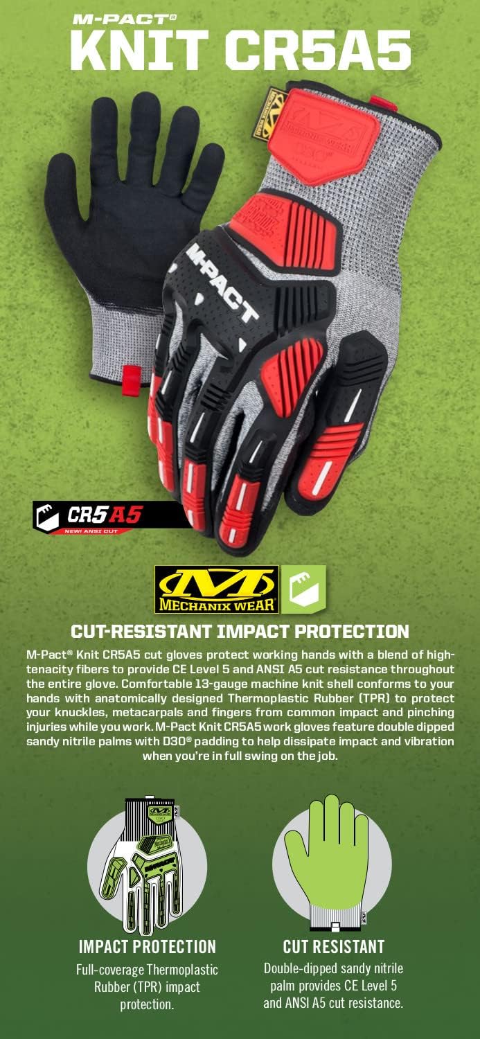 Mechanix Wear Mechanix Herren M-pact® Knit Cr5a5 rękawiczki (L, szare/czarne) Schnittfeste Handschuh