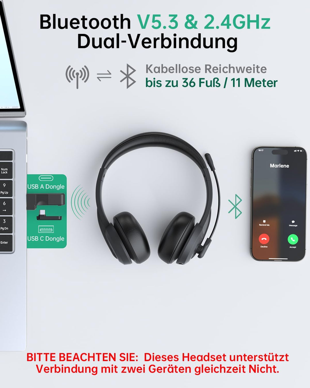 syndesmos Headset mit Mikrofon Bluetooth, Verstellbares Kopfband Headset PC, Unterstützt 2,4 G/Bluet