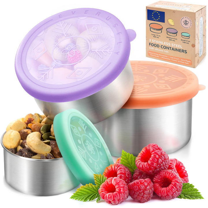 Everusely – Snackboxen aus Edelstahl – 3er-Pack, Sorbet – auslaufsichere Silikondeckel – kleine Lunc