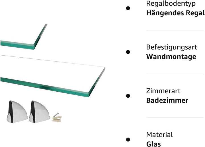 Euro Tische Glas Wandregal 60x17.8cm Badregal, Glas Regal für Badezimmer, Duschregal mit 6mm ESG Sic