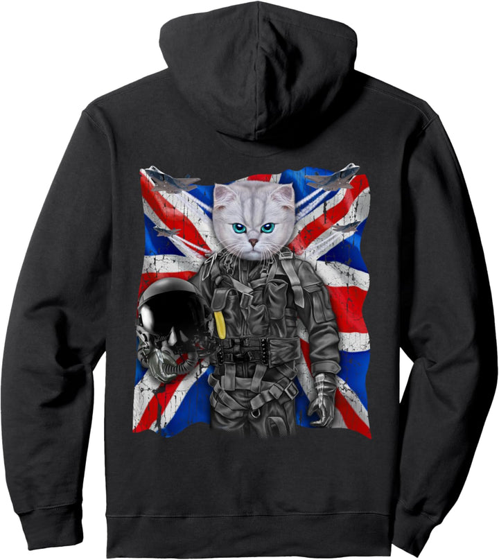 Weisse Katze als Kampfpilot mit Union Jack Flagge Pullover Hoodie