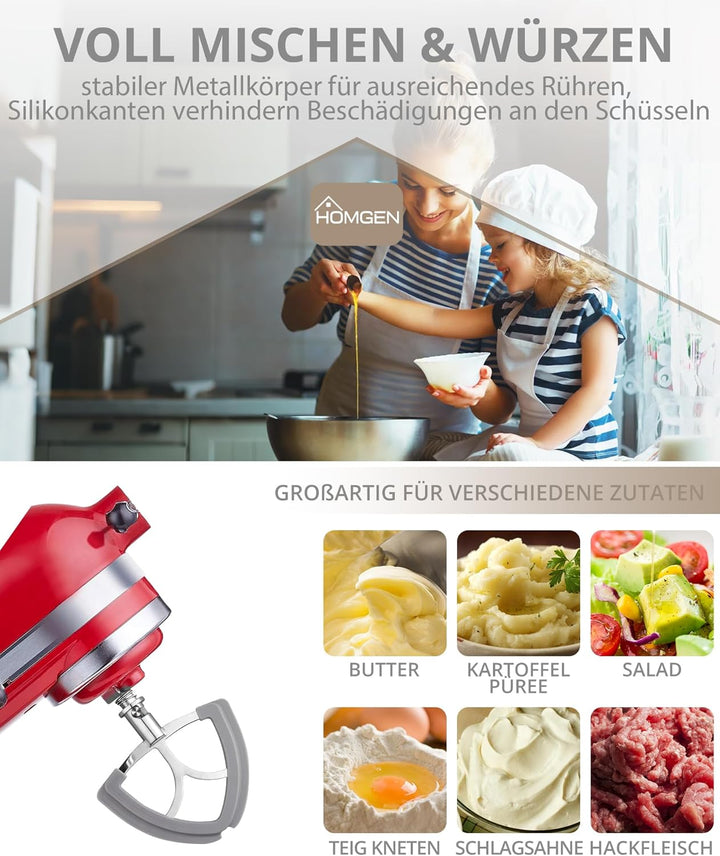 HOMGEN Flachrührer-Aufsatz aus Edelstahl für KitchenAid 4,5-5 Quart Kitchenaid Standmixer mit kippba