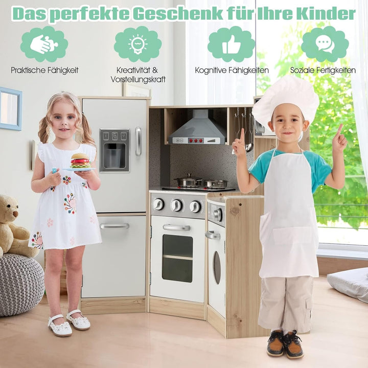 FANTASK Kinderküche mit zubehör, Spielküche Holz mit Licht & Sound, Eckküche Kinder inkl. Spüle Ofen
