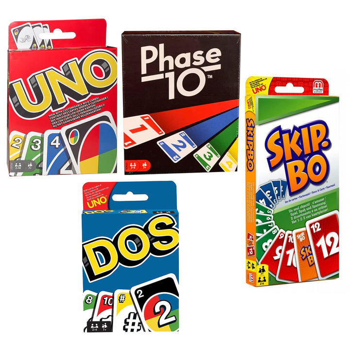 Spar-Set - 4 Verschiedene Kartenspiele-Set: UNO, Skip BO, Phase 10 und DOS,