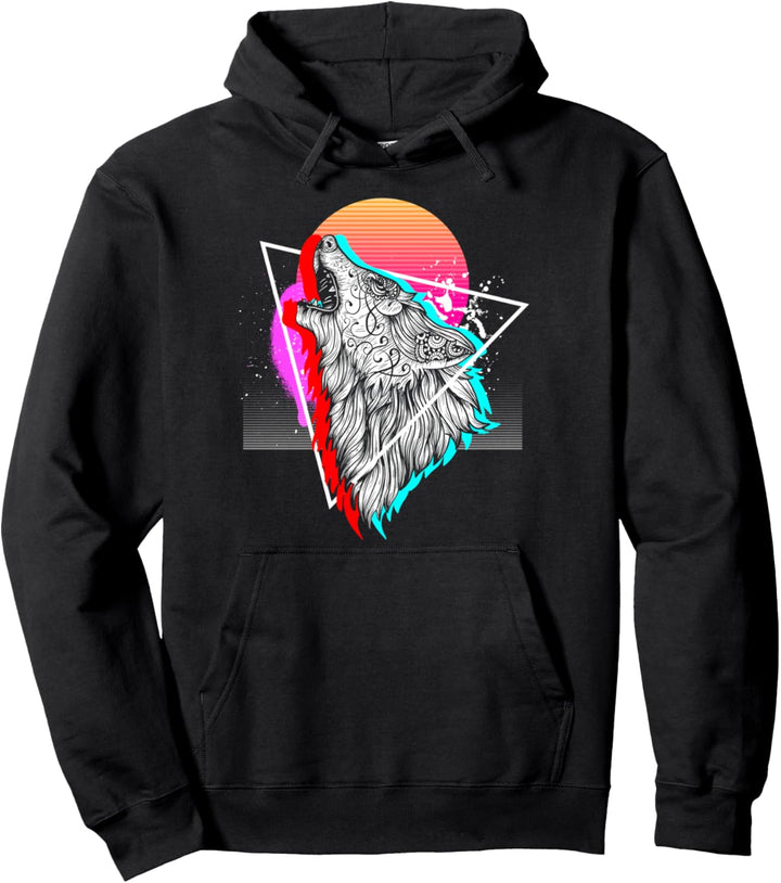 Synthwave Aesthetic Heulender Wolf 1990er Retro Vaporwave Pullover Hoodie