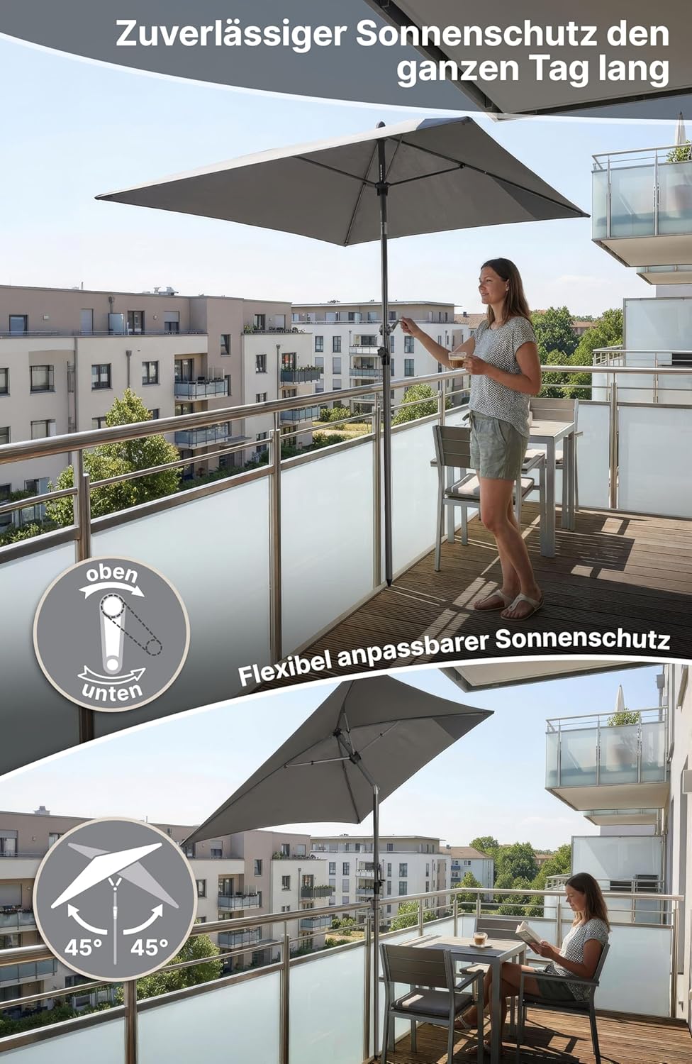 4smile Sonnenschirm Balkon mit Kurbel, Balkonschirm mit Schutzhülle, Sonnenschirm rechteckig 200x125
