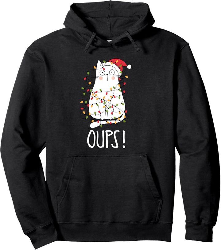 Cat Oups! Weisse Katze in Weihnachtsbaumbeleuchtung Pullover Hoodie