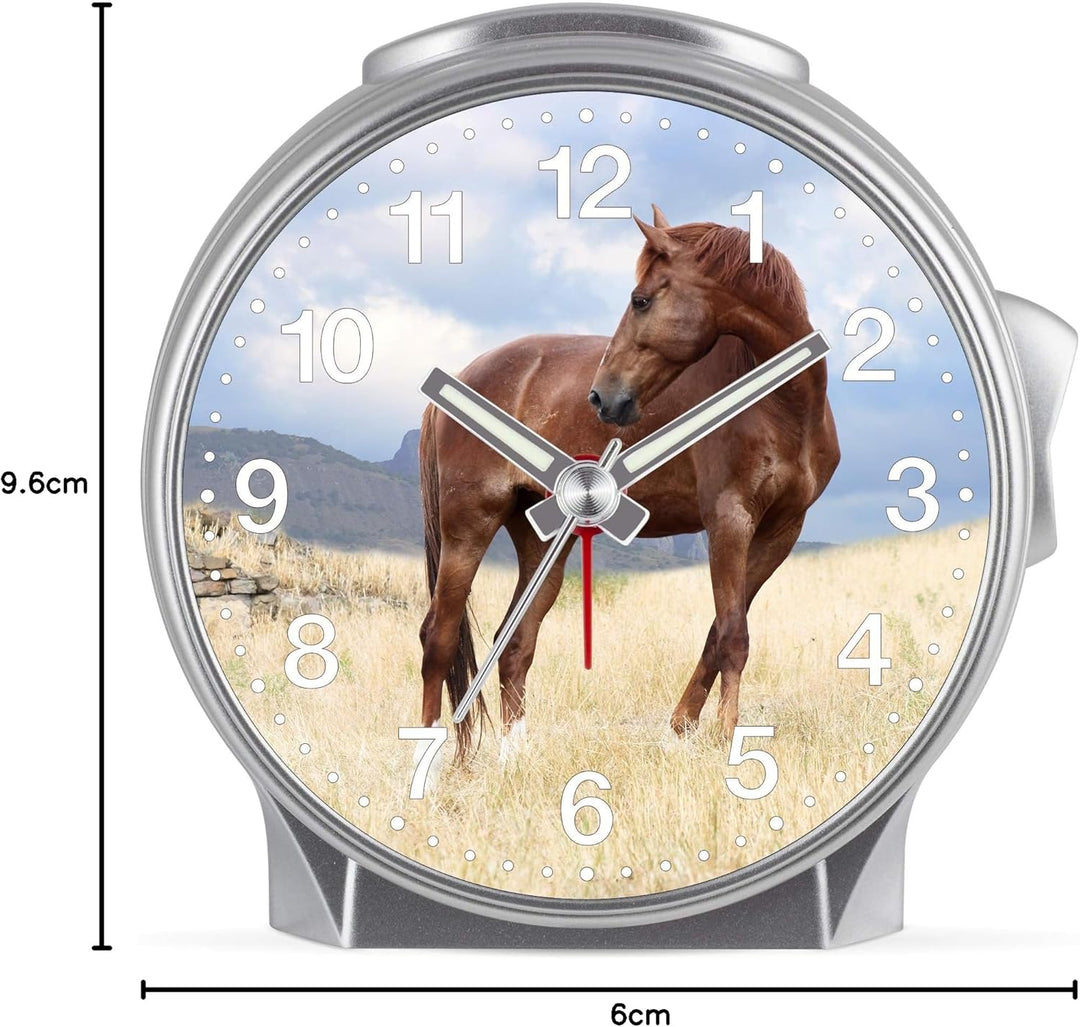 Eurotime Kinder Wecker für Mädchen mit Pferde-Motiv, Kunststoffgehäuse und Kunststoffglas, geräuscha