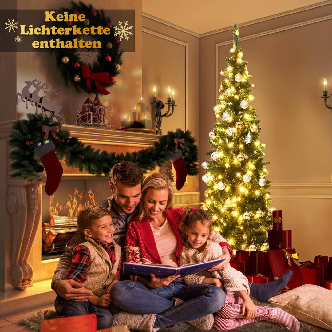 COSTWAY 135/200/225cm Bleistift Weihnachtsbaum mit warmweissen LED-Leuchten, künstlicher Tannenbaum