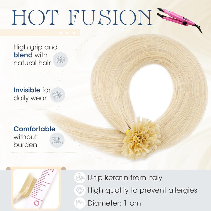 Elailite Extensions Bondings Echthaar 200 Strähne 60cm #60 Platinblond, U Tip Hair Extensions Kerati
