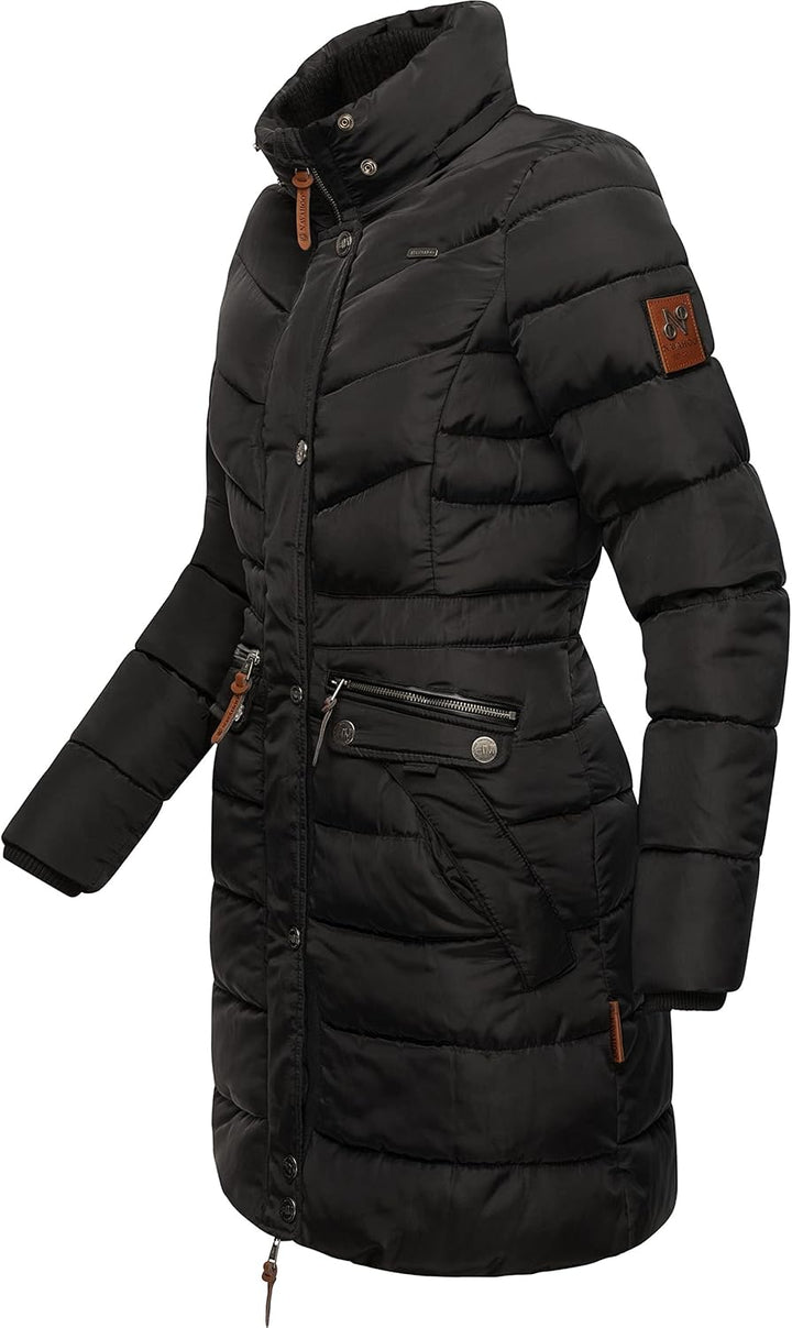 Navahoo Damen Wintermantel warmer Steppmantel lang mit abnehmbarer Kunstfell-Kapuze Paula XS-5XL M B