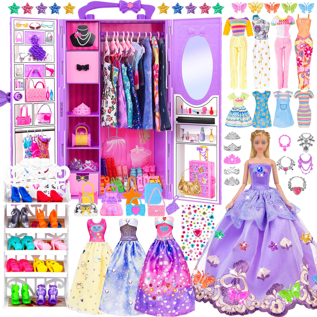 91pcs 11.5 Zoll Mädchen Puppe mit Kleidung Zubehör und Schrank, Prinzessin Mode Kleider, Outfits ,Ba
