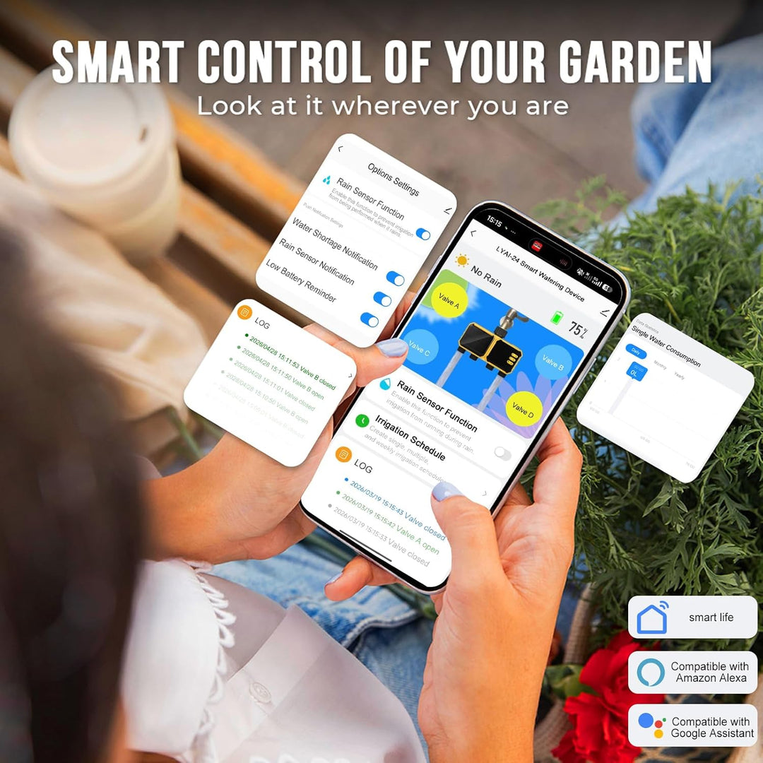Nikou Bewässerungscomputer WLAN 4 Ausgänge, Solar Bewässerungsuhr Bewässerungssystem Garten Smart Ze