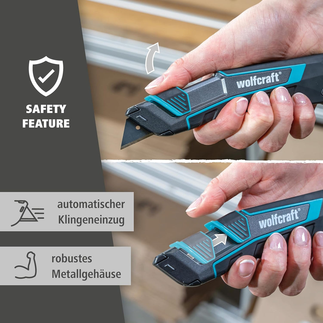 wolfcraft Trapezklingen-Messer-Set PRO SAFETY mit Köcher - 8669060 - Praktisches Set aus Sicherheits