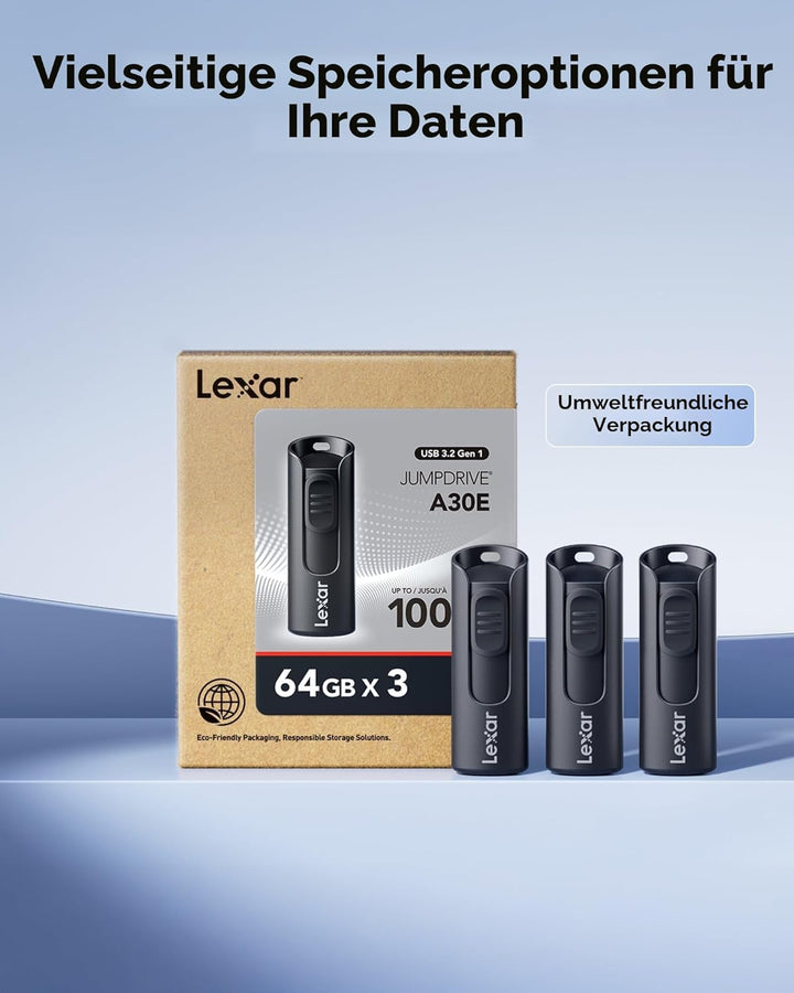 Lexar 64GB 3er-Pack Flash-Laufwerk A30E USB 3.2 Gen 1, USB-Laufwerk mit bis zu 100MB/s, Speichererwe