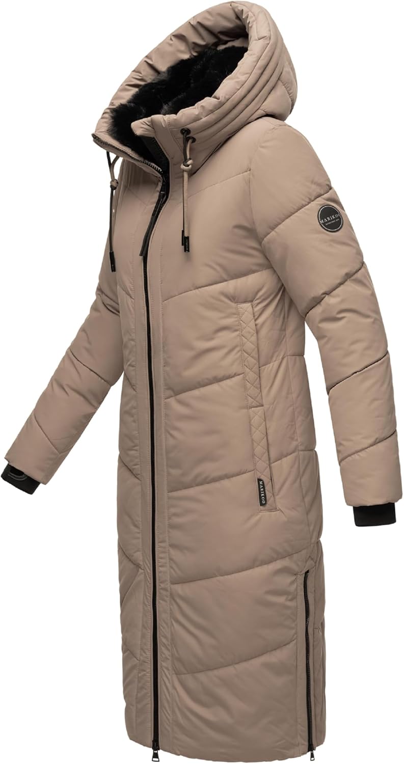 MARIKOO Damen Wintermantel warmer Steppmantel lang mit verstellbarer Kapuze und hohem Kragen Nadaree