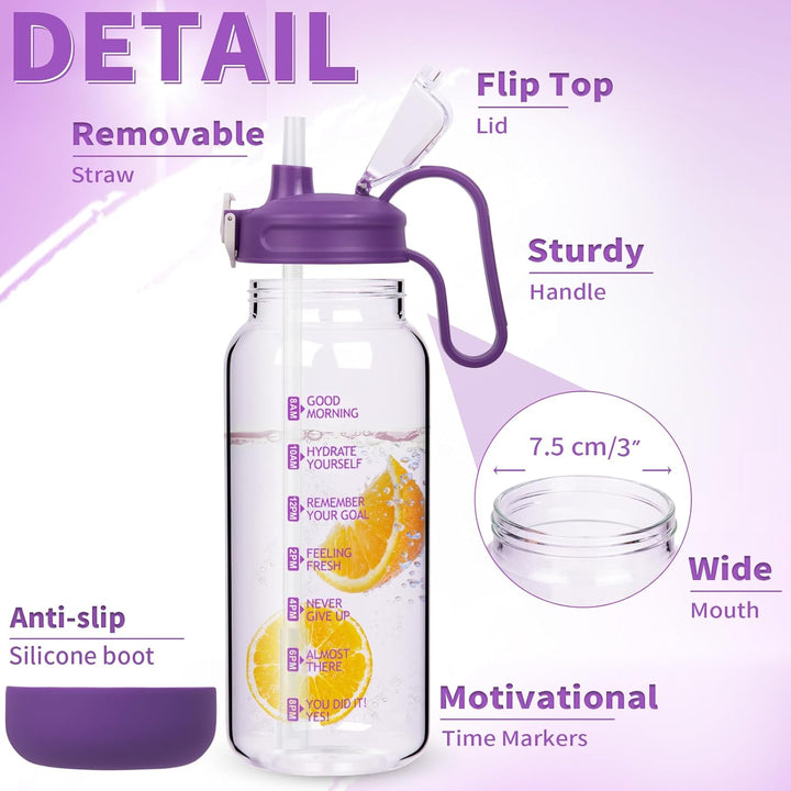 DEARRAY 1.5l Trinkflasche Glas mit Strohhalm & Zeitmarkierung 1.5 liter Grosse Motivation Glasflasch