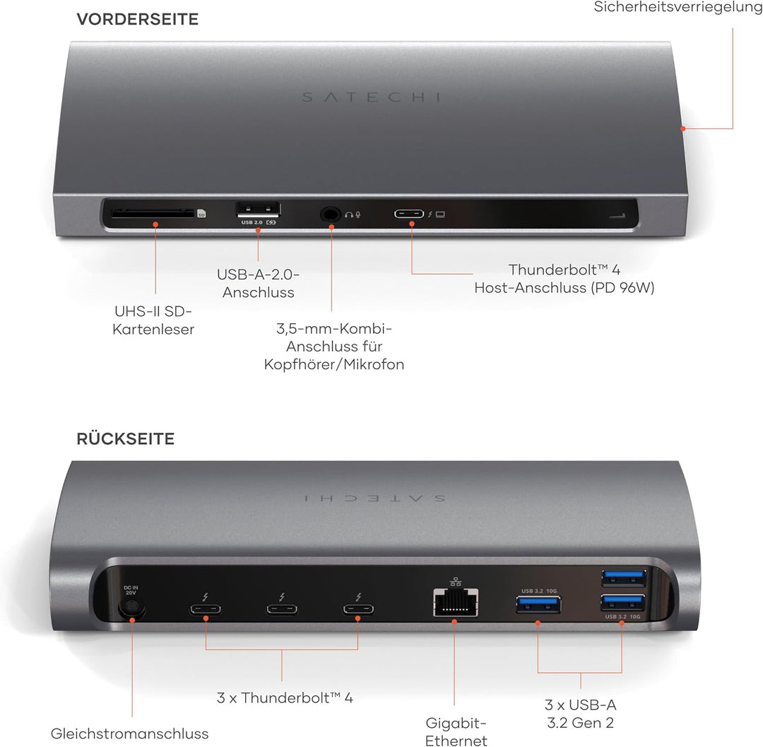 SATECHI Thunderbolt-4 Dockingstation 11-in-1 mit Host-Anschluss, 100W PD, 3X Thunderbolt 4, USB-A 3.