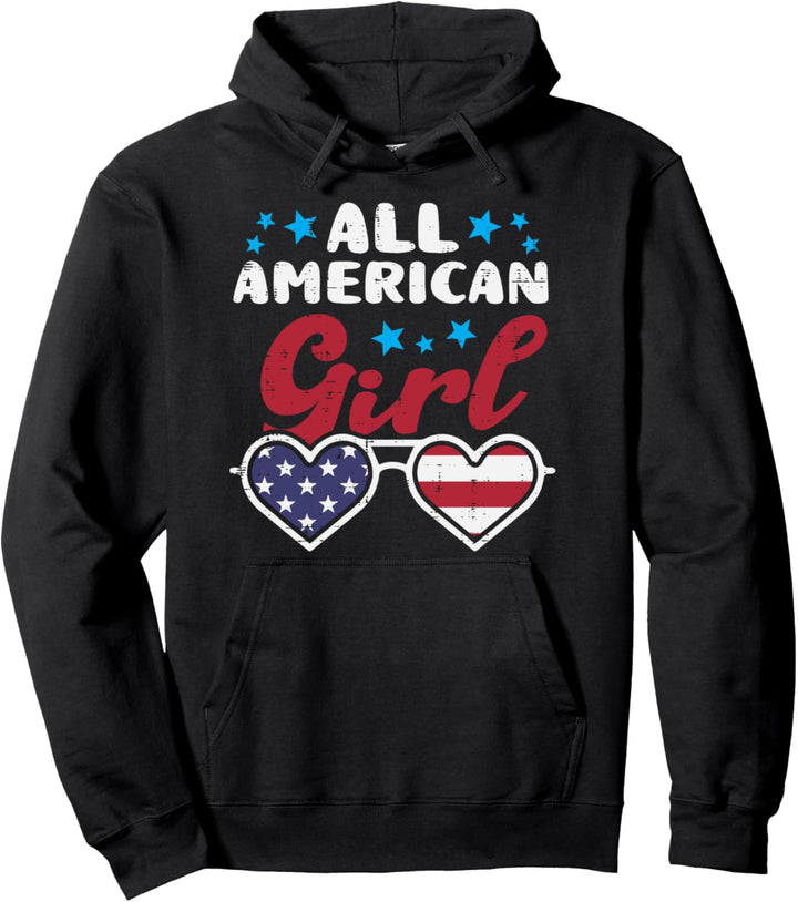 American Girl Sunglasses US Flag 4th Of July Patriot Women Pullover Hoodie