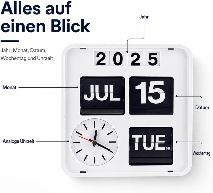 Eurotime 80005-00 Retro Tisch- &amp; Wanduhr mit Voll-Datumsanzeige inkl. Jahr, Quarzuhr im Klappkarten-