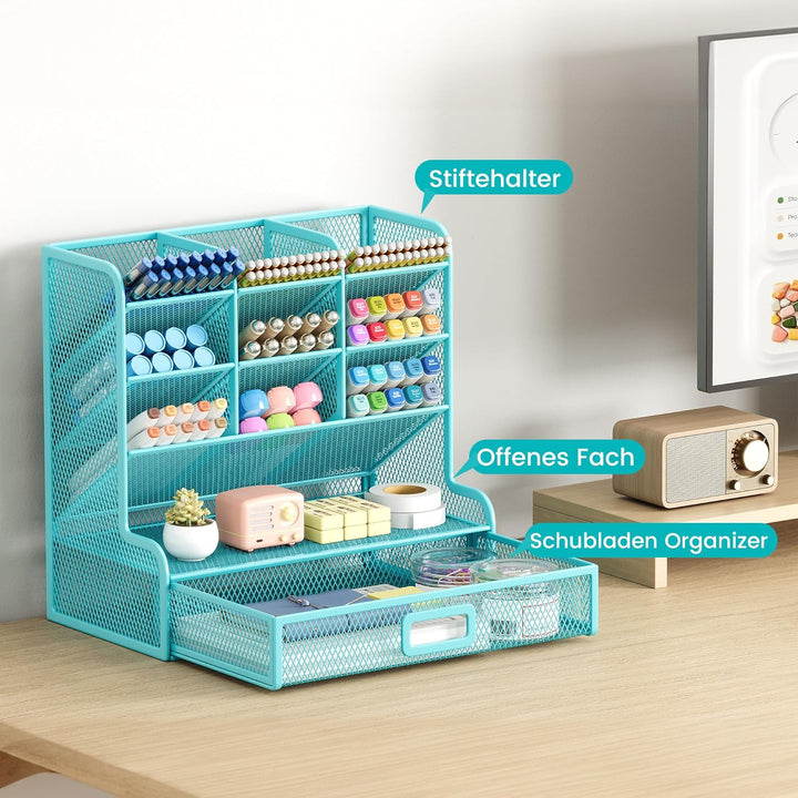 VITVITI Schreibtisch Organizer, 9 Fächer Stiftehalter mit Schublade, Netz Stifte Regal aus Metall, S