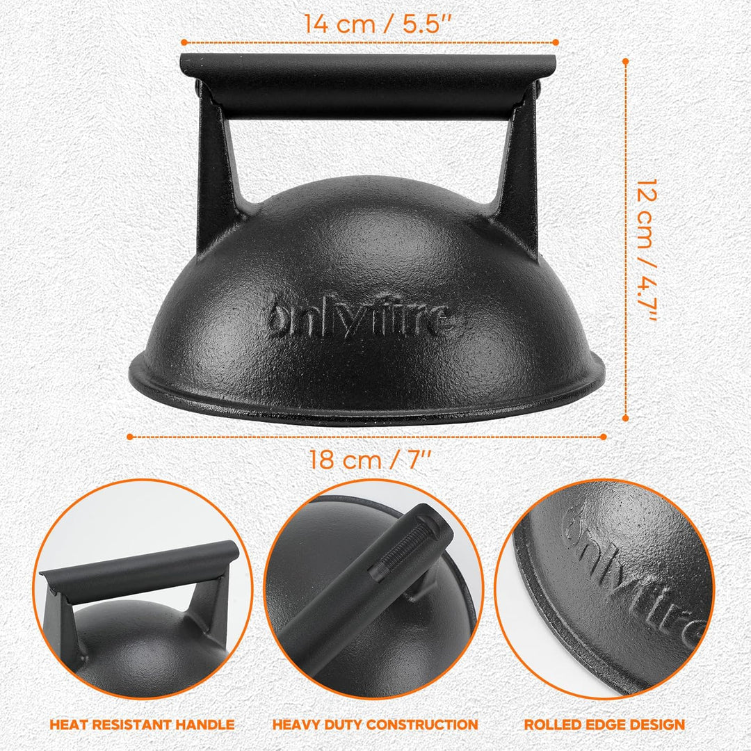 onlyfire Gusseisen Smash Burger Set 3-teilig, Burger Smasher &amp; 2X Schmelzhaube 18cm, Profi Burgerpre