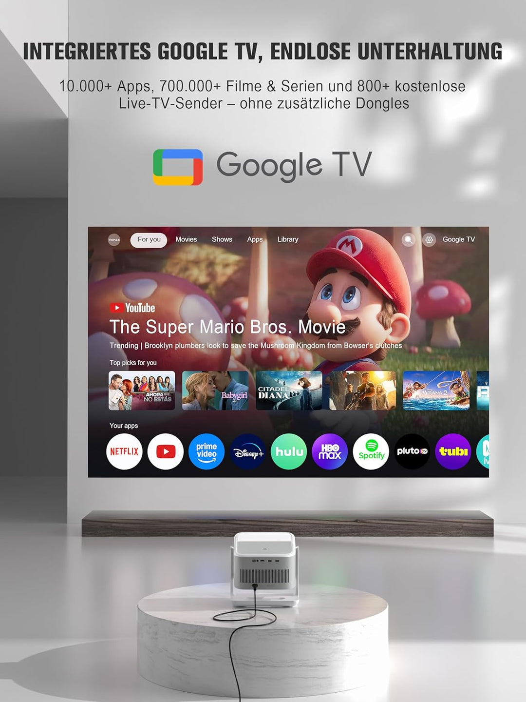 Smart Beamer【Google TV/Offizielle App】 VOPLLS Beamer 4K Heimkino 1200ANSI mit Autofokus ＆ Trapezkorr