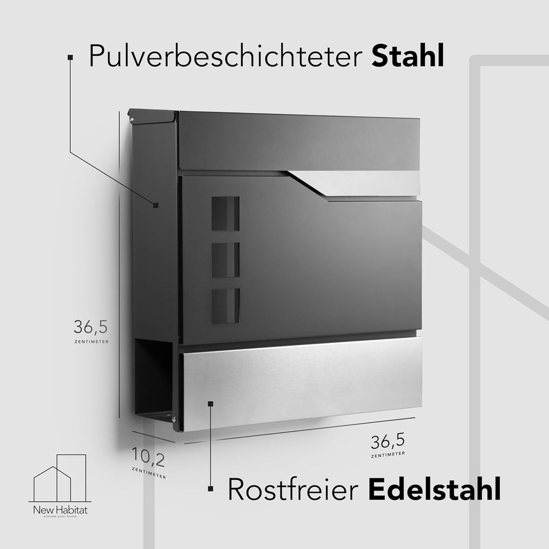 Moderner Briefkasten Personalisierbar Oslo Anthrazit RAL7016 - mit Zeitungsfach - Wandbriefkasten mi
