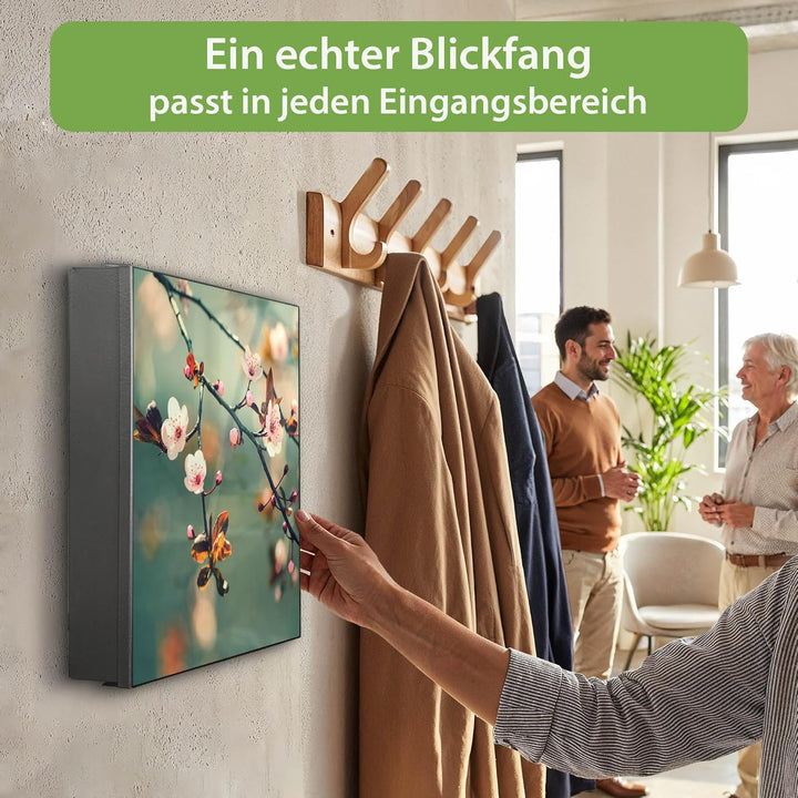 banjado® Grosser Schlüsselkasten Glas/Schlüsselbox 30cm x 30cm mit 50 Haken - Motiv Japankirsche/Sch