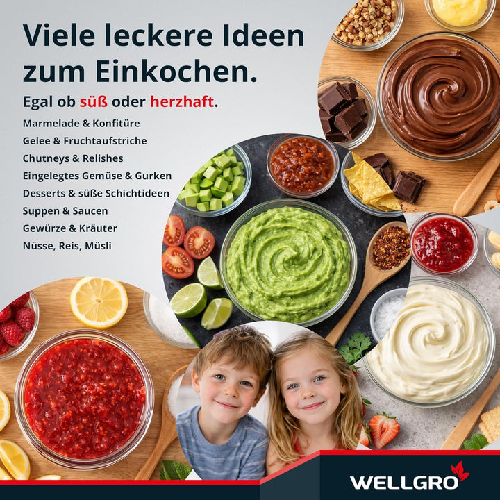 WELLGRO 50x Einmachgläser mit Schraubdeckel - 435 ml, 8,5 x 12 cm (ØxH), Glas/Metall, grün karierte